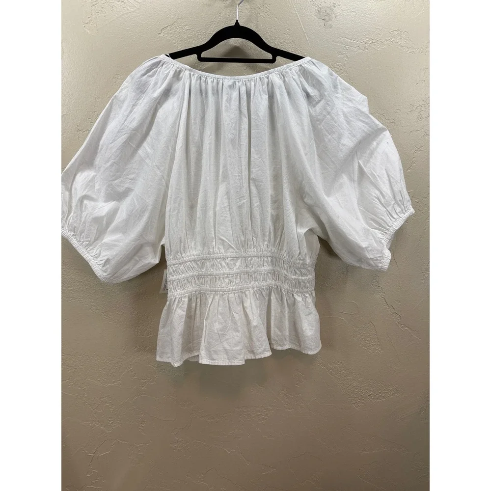 Old Navy Womens White Puff Sleeve Smocked V-Neck Peplum Blouse Top Large